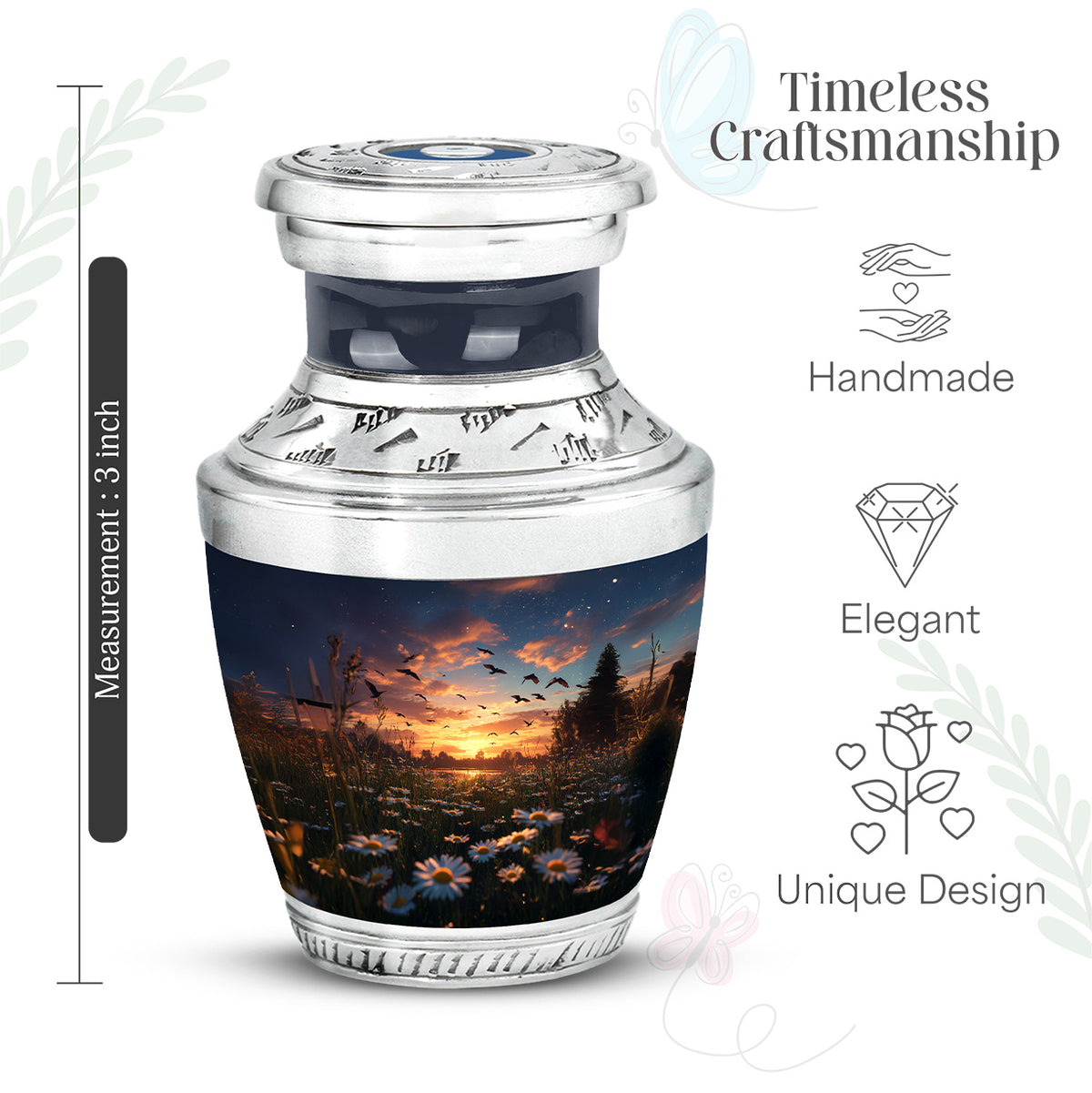 Dusty Blue Daisy Cremation Urn top-down view of secure threaded lid - modern art-inspired daisy motif on sleek aluminum - mini keepsake memorial for portion of cremation ashes