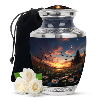 Dusty Blue Daisy Cremation Urn side profile showing urn shape - modern art-inspired daisy motif on sleek aluminum - full-size 10 inch 200 cubic inch adult cremation urn