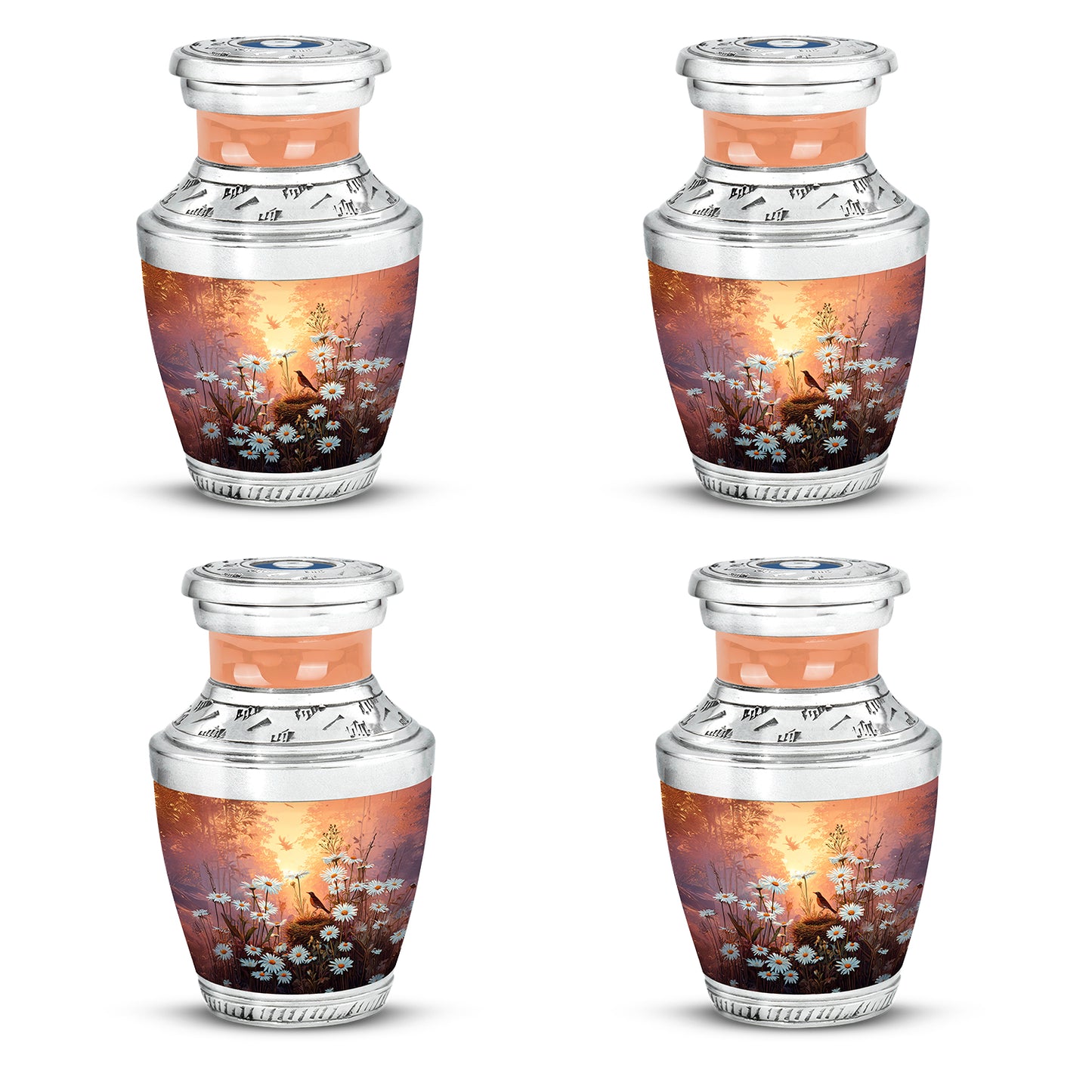 Gilded Gold Daisy Cremation Urn back view with polished surface - modern art-inspired daisy motif on sleek aluminum - 10 inch aluminum urn for cremated remains