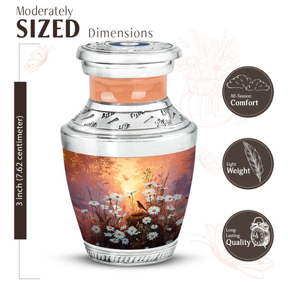 Burnished Gold Daisy Cremation Urn top-down view of secure threaded lid - stylized abstract daisy pattern with bold lines - mini keepsake memorial for portion of cremation ashes