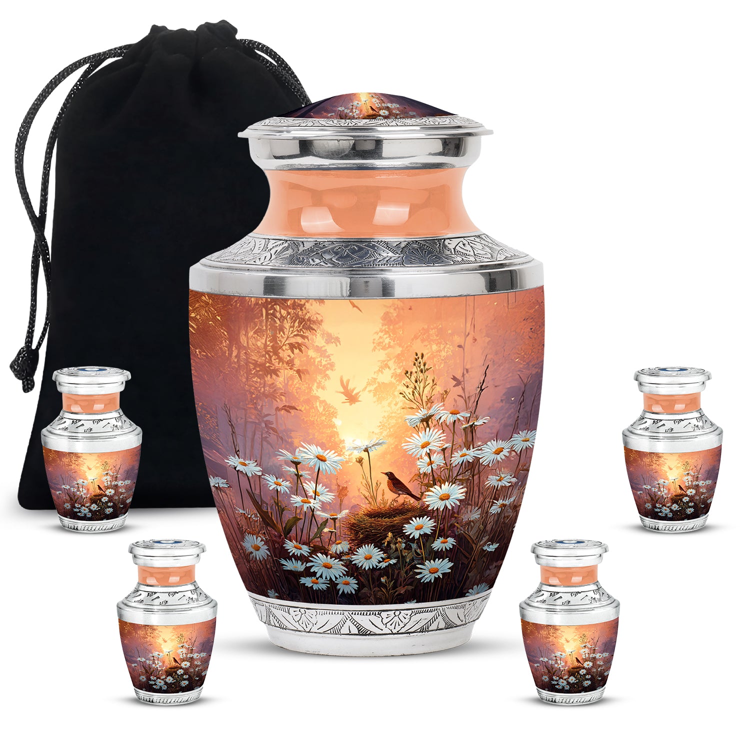 Harvest Gold Daisy Cremation Urn lifestyle display on memorial shelf - artistic daisy interpretation with creative detail - memorial set with one large and four small urns
