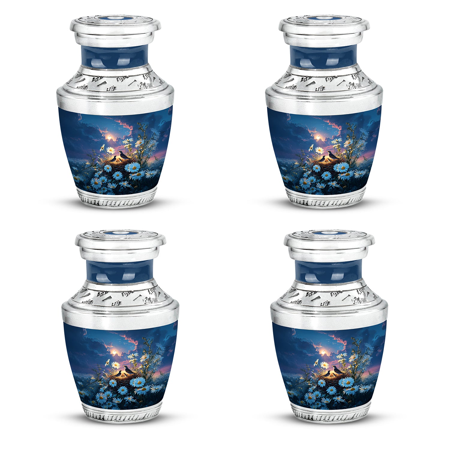 Royal Blue Daisy Cremation Urn back view with polished surface - stylized abstract daisy pattern with bold lines - 10 inch aluminum urn for cremated remains