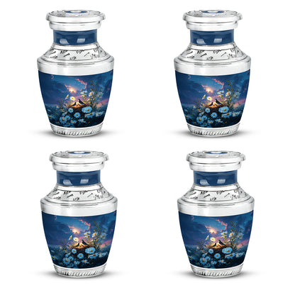 Royal Blue Daisy Cremation Urn back view with polished surface - stylized abstract daisy pattern with bold lines - 10 inch aluminum urn for cremated remains