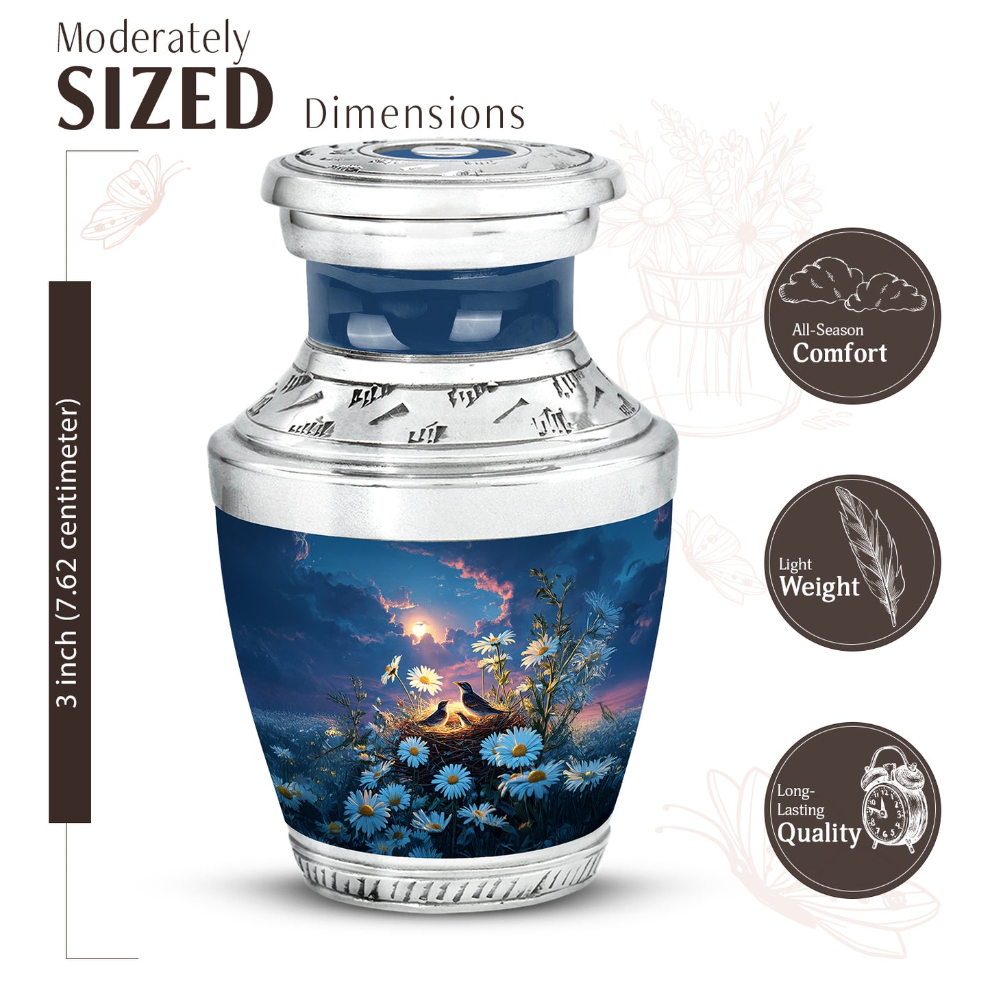 Slate Blue Daisy Cremation Urn top-down view of secure threaded lid - modern art-inspired daisy motif on sleek aluminum - mini keepsake memorial for portion of cremation ashes