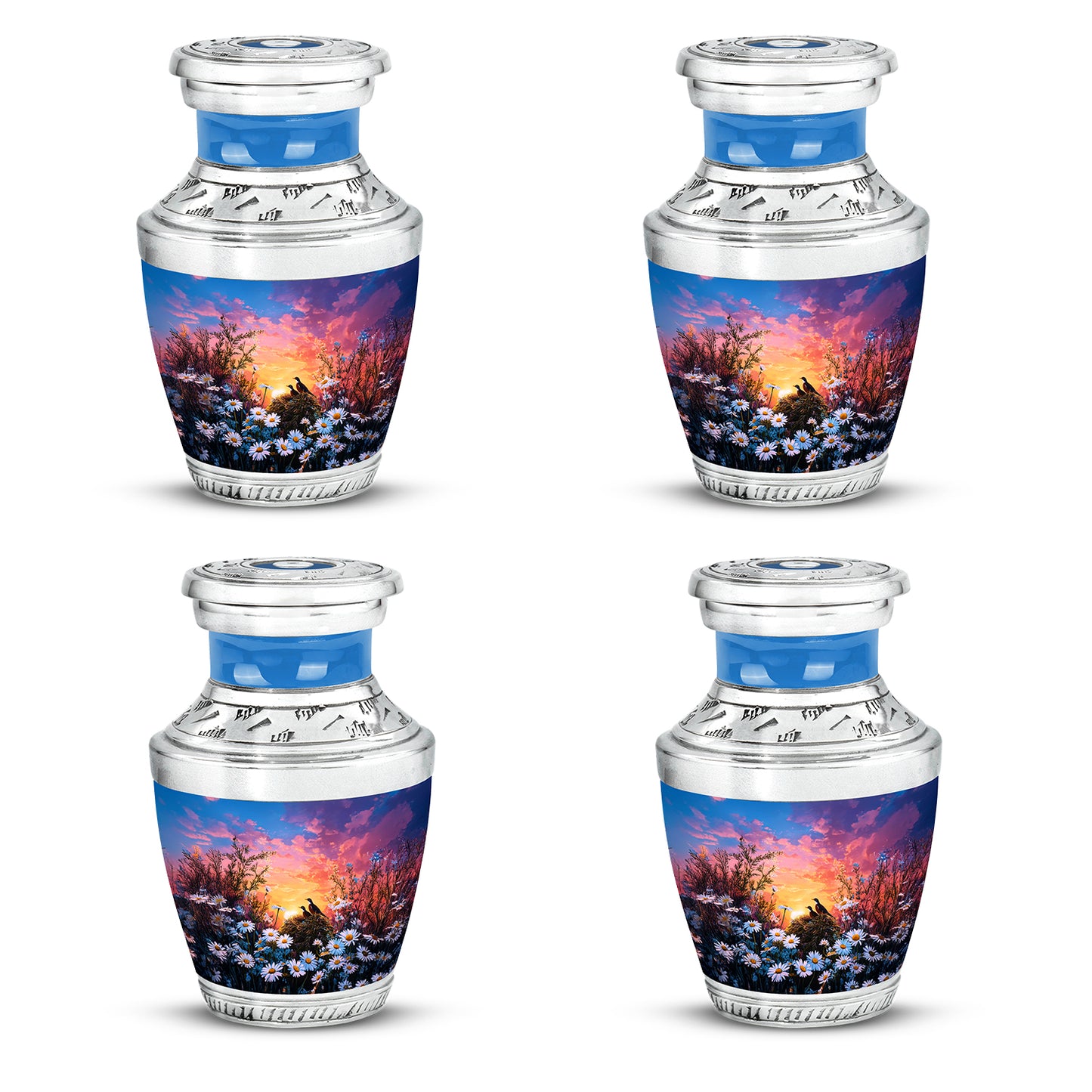 Sapphire Blue Daisy Cremation Urn back view with polished surface - stylized abstract daisy pattern with bold lines - 10 inch aluminum urn for cremated remains