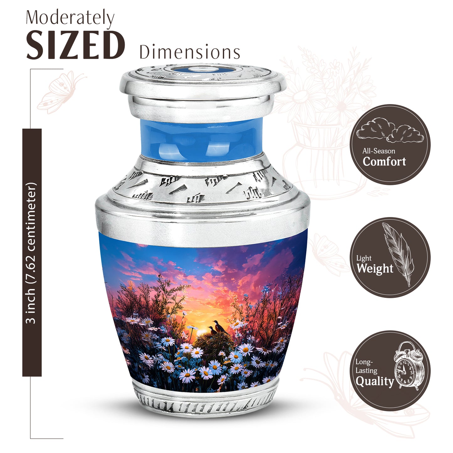 Sapphire Blue Daisy Cremation Urn top-down view of secure threaded lid - stylized abstract daisy pattern with bold lines - mini keepsake memorial for portion of cremation ashes