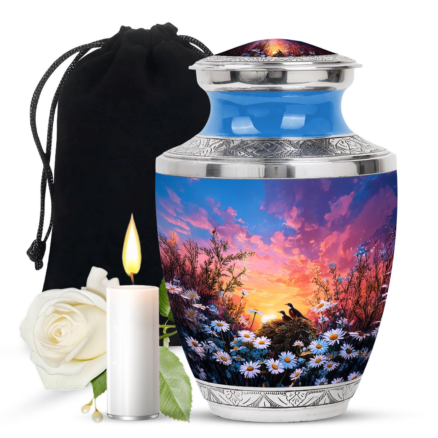 Celestial Blue Daisy Cremation Urn side profile showing urn shape - contemporary daisy design with modern artistic flair - full-size 10 inch 200 cubic inch adult cremation urn