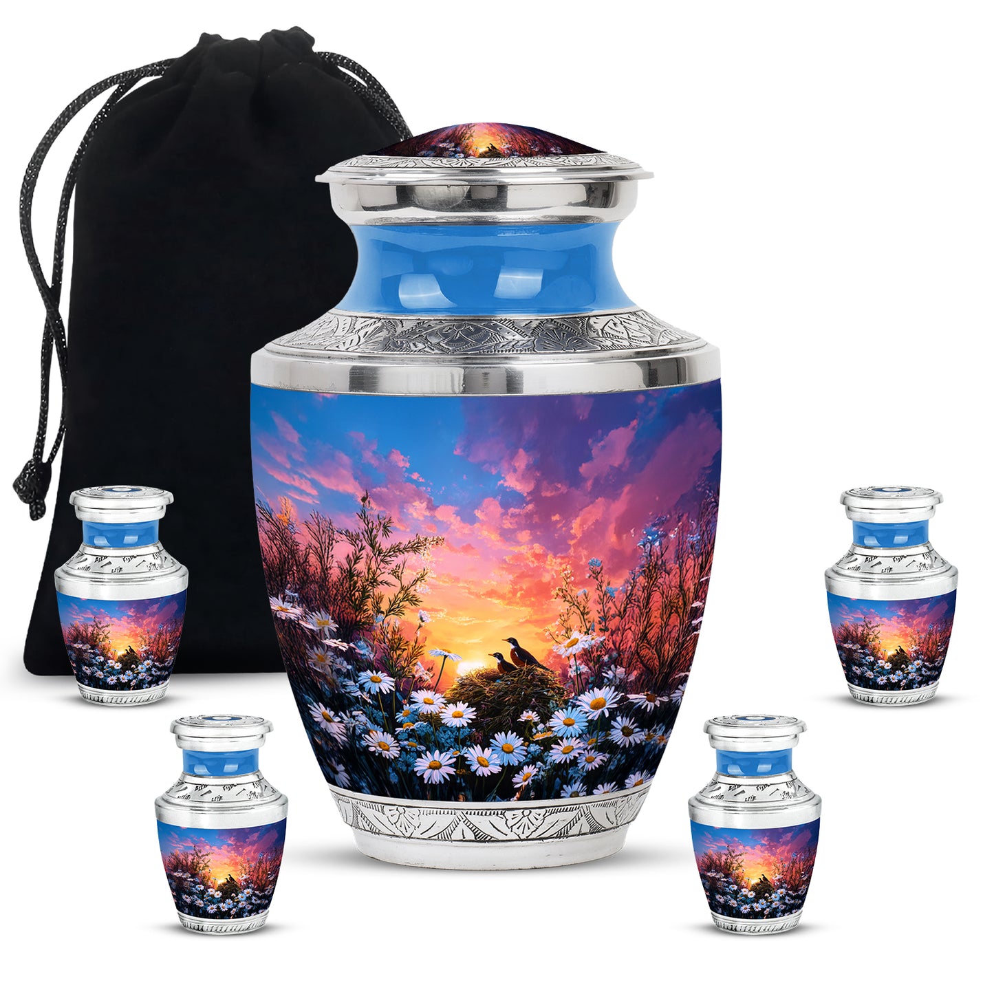 Soft Blue Daisy Cremation Urn lifestyle display on memorial shelf - artistic daisy interpretation with creative detail - memorial set with one large and four small urns