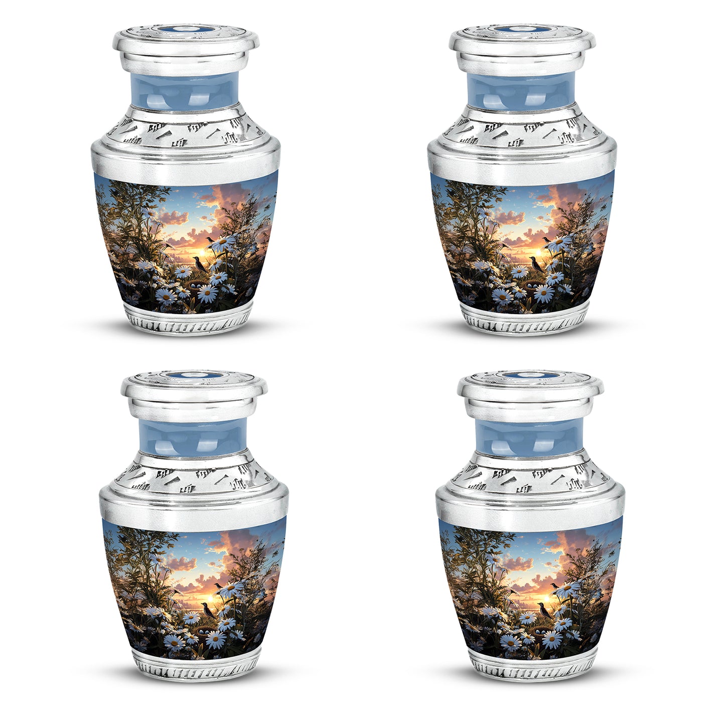 Celestial Blue Daisy Cremation Urn back view with polished surface - contemporary daisy design with modern artistic flair - 10 inch aluminum urn for cremated remains