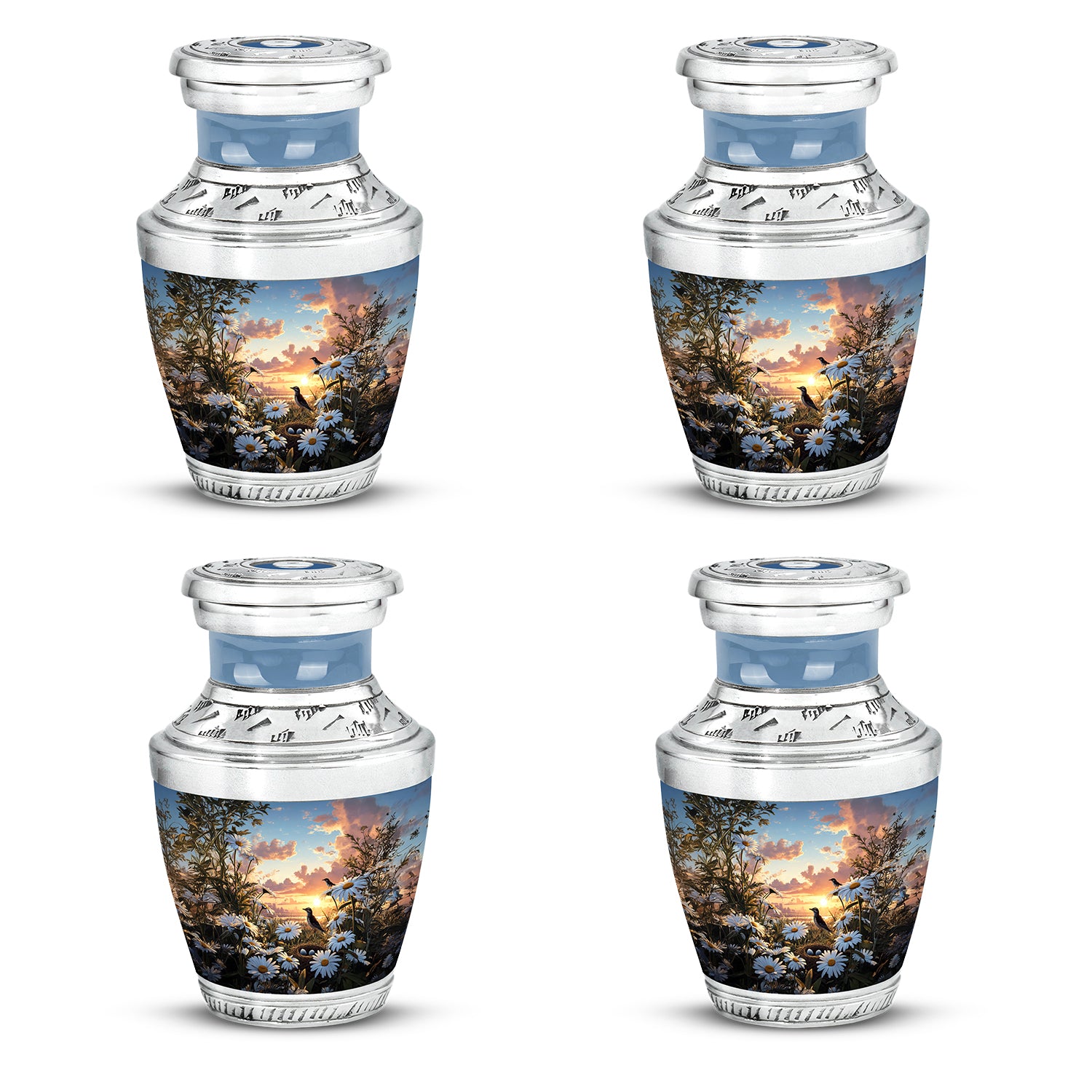 Celestial Blue Daisy Cremation Urn back view with polished surface - contemporary daisy design with modern artistic flair - 10 inch aluminum urn for cremated remains