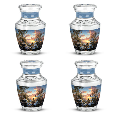 Celestial Blue Daisy Cremation Urn back view with polished surface - contemporary daisy design with modern artistic flair - 10 inch aluminum urn for cremated remains