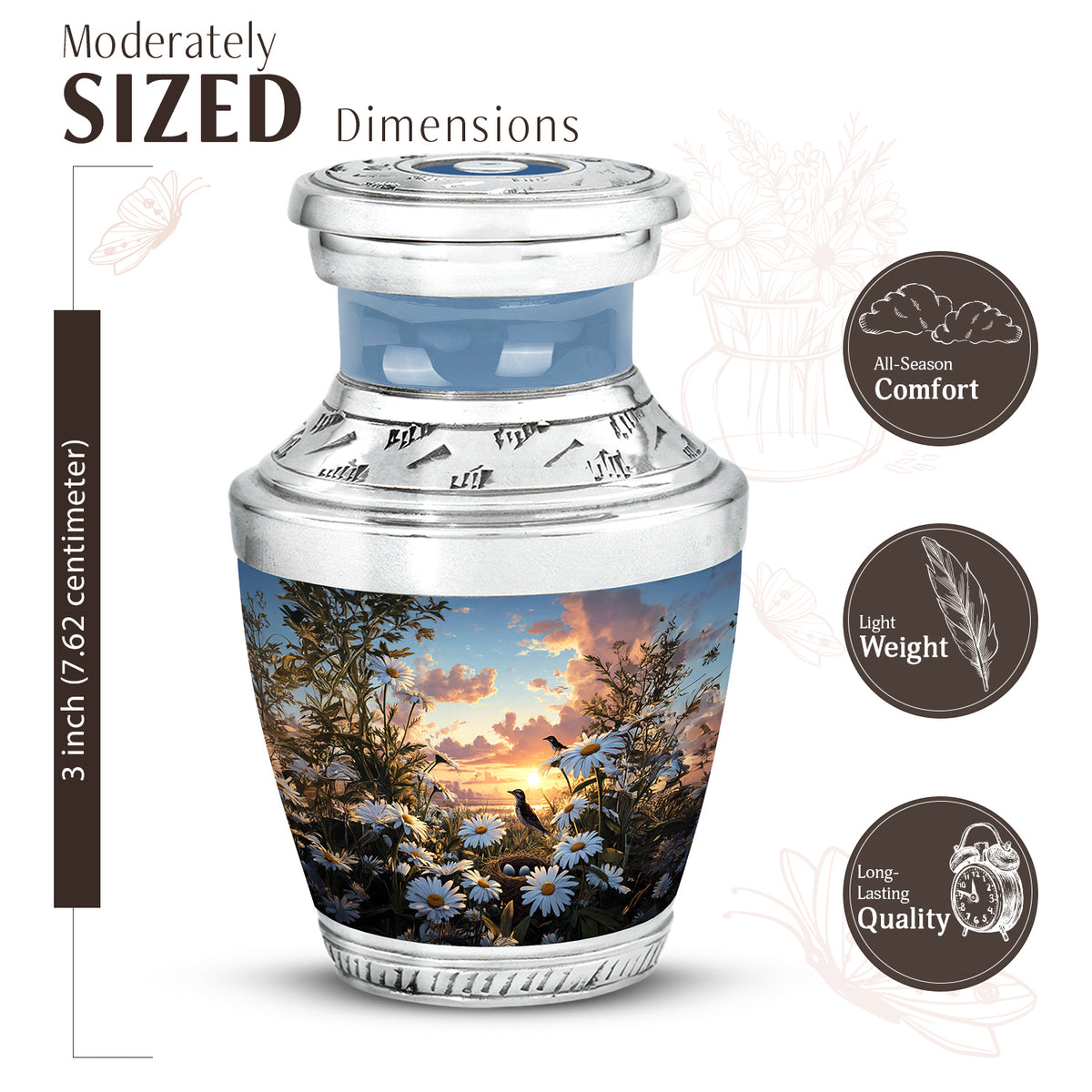 Bright Blue Daisy Cremation Urn top-down view of secure threaded lid - artistic daisy interpretation with creative detail - mini keepsake memorial for portion of cremation ashes