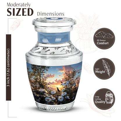 Bright Blue Daisy Cremation Urn top-down view of secure threaded lid - artistic daisy interpretation with creative detail - mini keepsake memorial for portion of cremation ashes