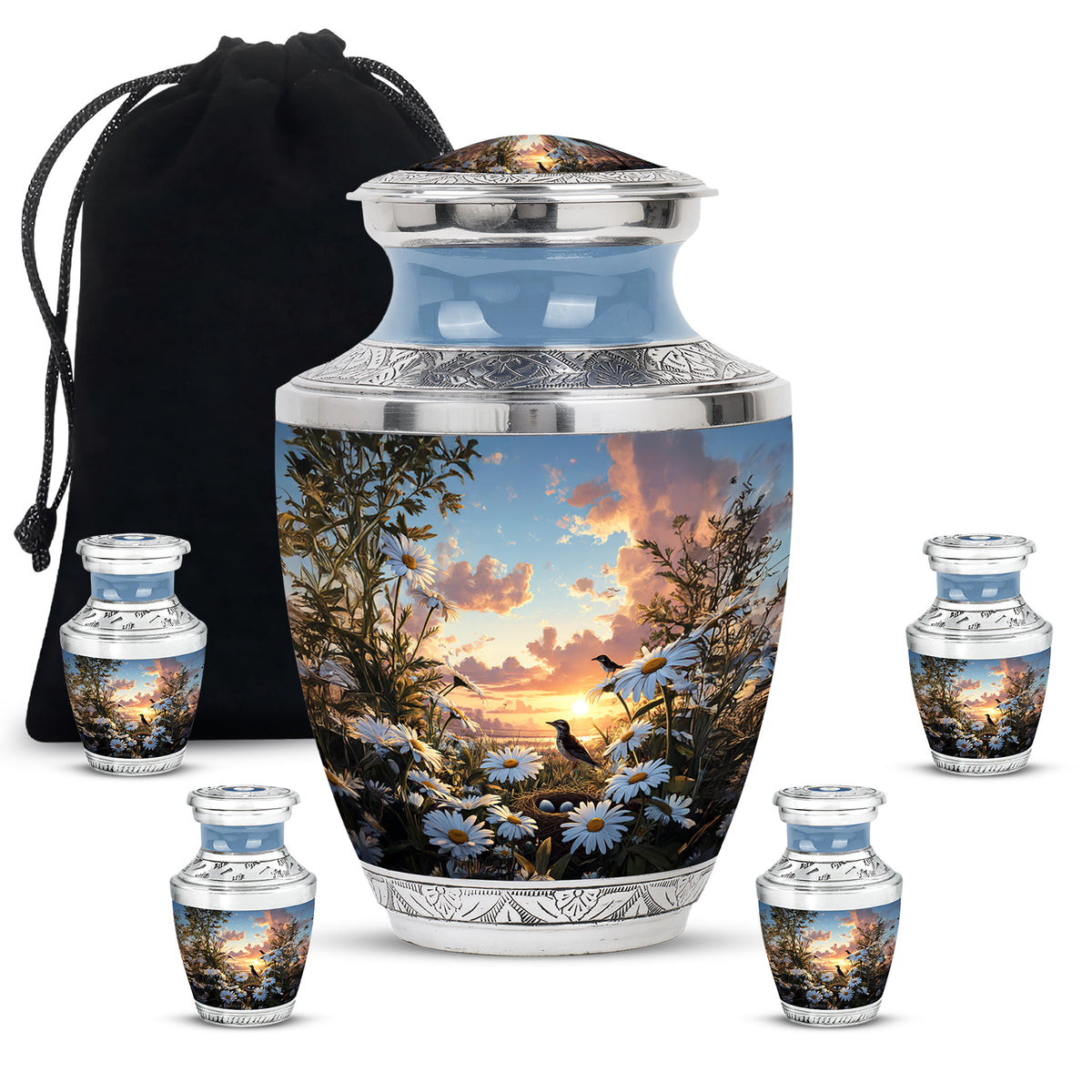 Cobalt Blue Daisy Cremation Urn lifestyle display on memorial shelf - artistic daisy interpretation with creative detail - memorial set with one large and four small urns