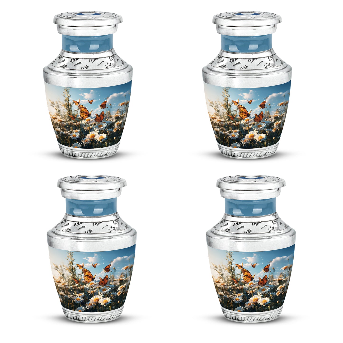 Sky Blue Daisy Cremation Urn back view with polished surface - contemporary daisy design with modern artistic flair - 10 inch aluminum urn for cremated remains