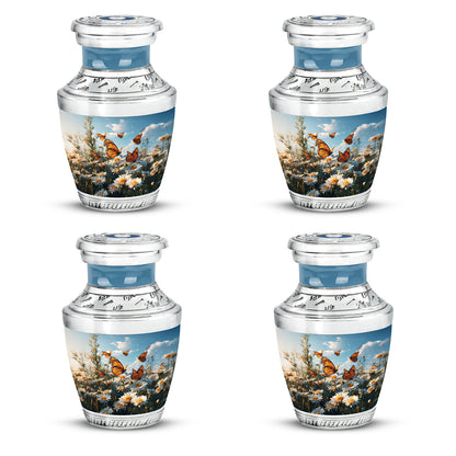 Sky Blue Daisy Cremation Urn back view with polished surface - contemporary daisy design with modern artistic flair - 10 inch aluminum urn for cremated remains