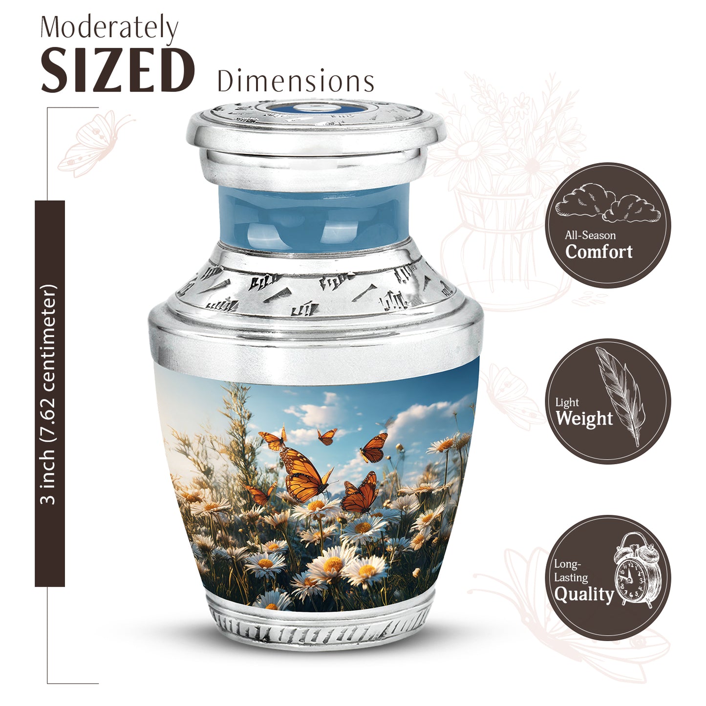 Indigo Daisy Cremation Urn top-down view of secure threaded lid - modern art-inspired daisy motif on sleek aluminum - mini keepsake memorial for portion of cremation ashes