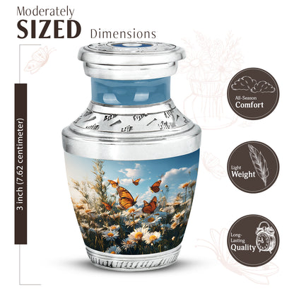 Indigo Daisy Cremation Urn top-down view of secure threaded lid - modern art-inspired daisy motif on sleek aluminum - mini keepsake memorial for portion of cremation ashes