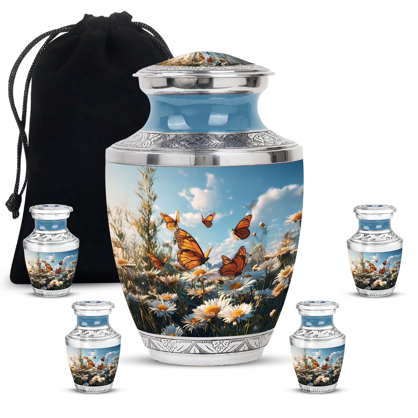 Serene Blue Daisy Cremation Urn lifestyle display on memorial shelf - artistic daisy interpretation with creative detail - memorial set with one large and four small urns