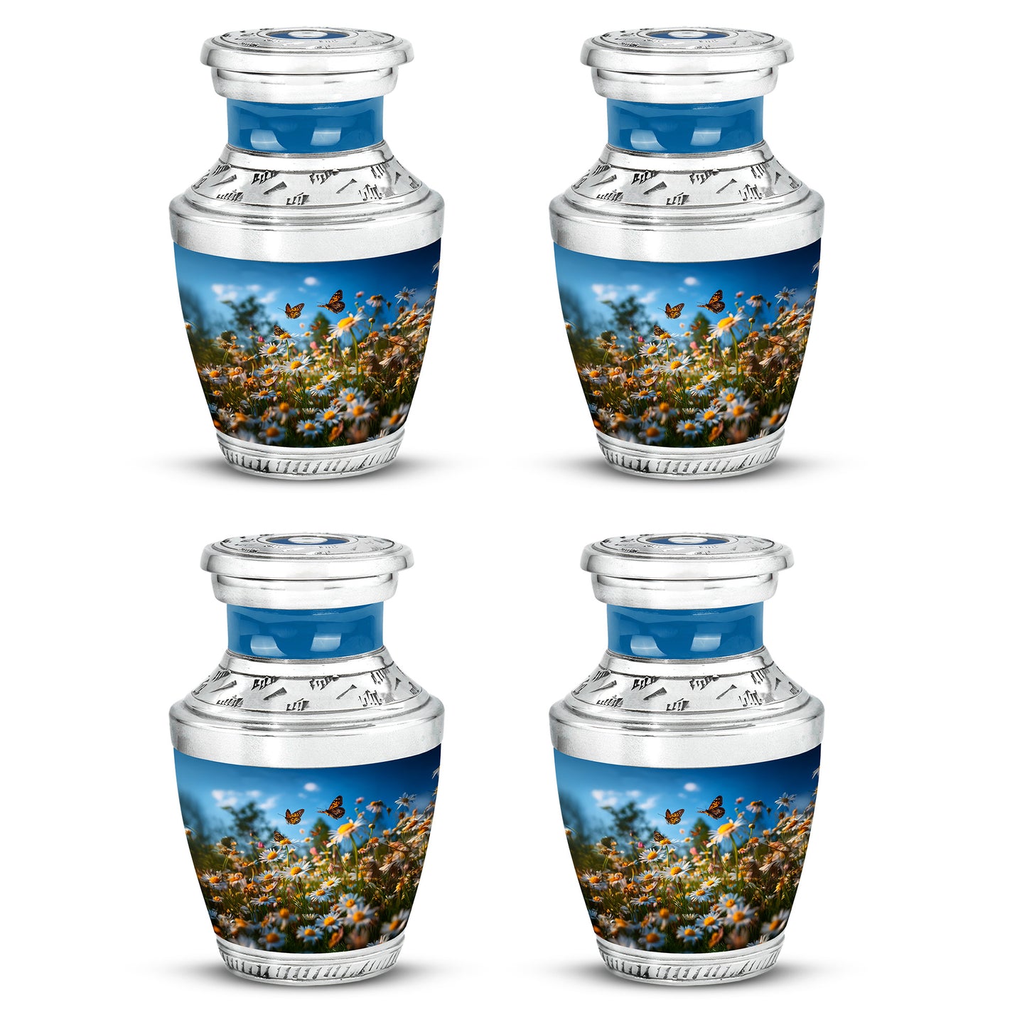 Powder Blue Daisy Cremation Urn back view with polished surface - modern art-inspired daisy motif on sleek aluminum - 10 inch aluminum urn for cremated remains