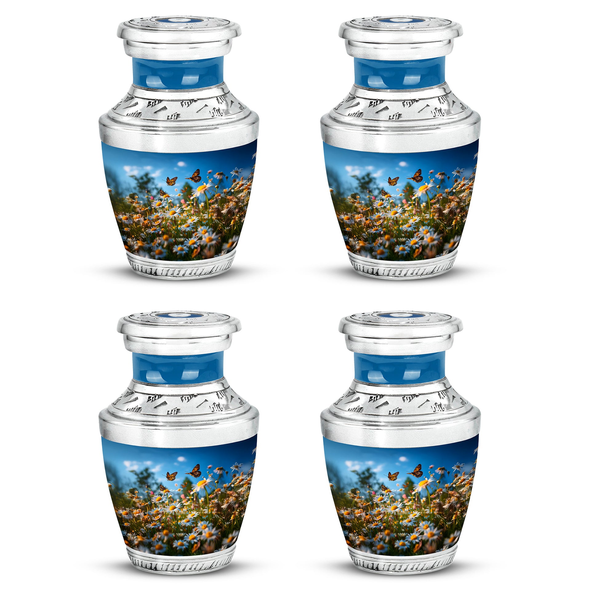 Powder Blue Daisy Cremation Urn back view with polished surface - modern art-inspired daisy motif on sleek aluminum - 10 inch aluminum urn for cremated remains