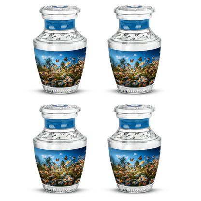 Powder Blue Daisy Cremation Urn back view with polished surface - modern art-inspired daisy motif on sleek aluminum - 10 inch aluminum urn for cremated remains