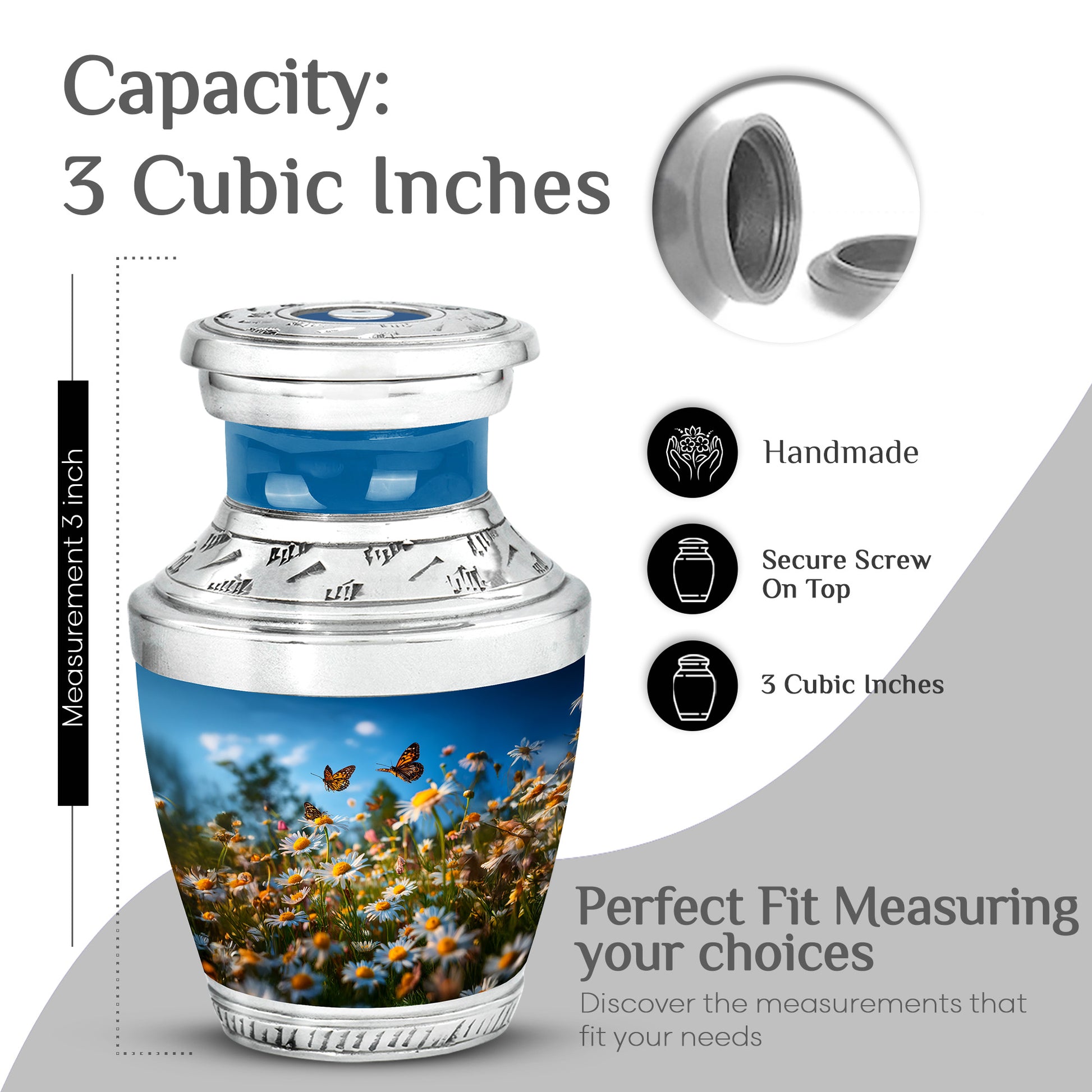 Soft Blue Daisy Cremation Urn top-down view of secure threaded lid - artistic daisy interpretation with creative detail - mini keepsake memorial for portion of cremation ashes