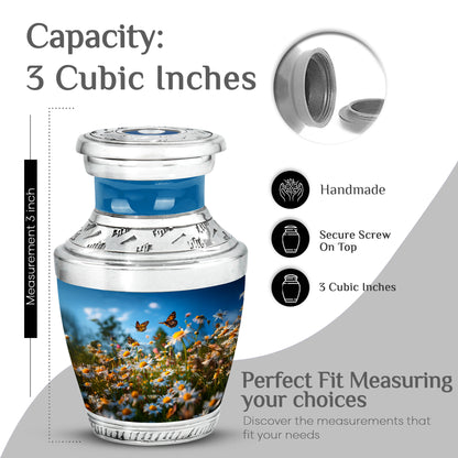 Soft Blue Daisy Cremation Urn top-down view of secure threaded lid - artistic daisy interpretation with creative detail - mini keepsake memorial for portion of cremation ashes