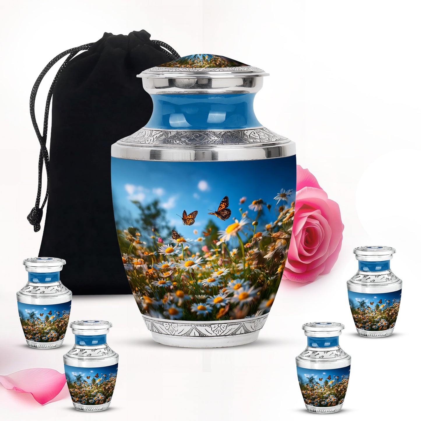 Serene Blue Daisy Cremation Urn lifestyle display on memorial shelf - artistic daisy interpretation with creative detail - memorial set with one large and four small urns