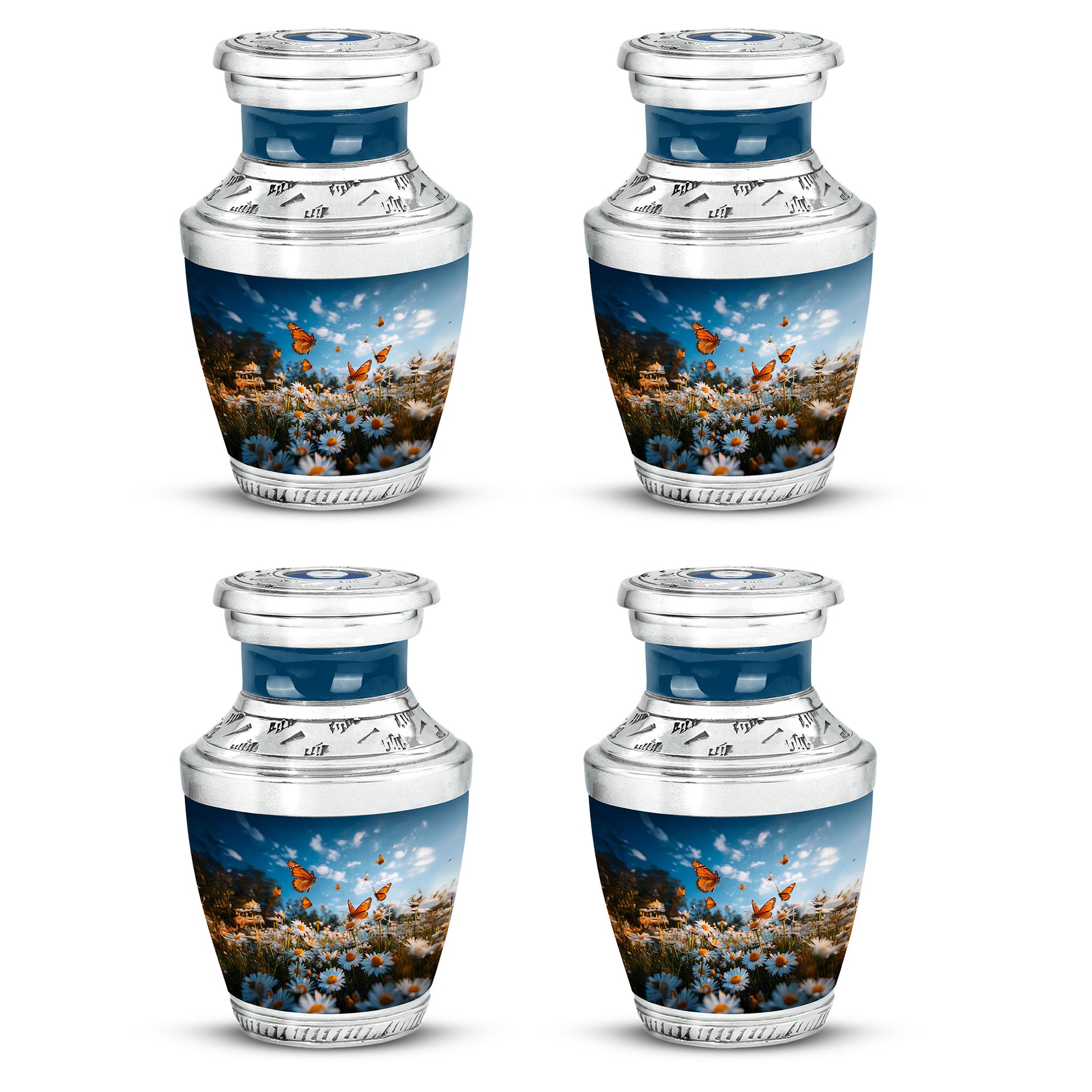 Steel Blue Daisy Cremation Urn back view with polished surface - stylized abstract daisy pattern with bold lines - 10 inch aluminum urn for cremated remains