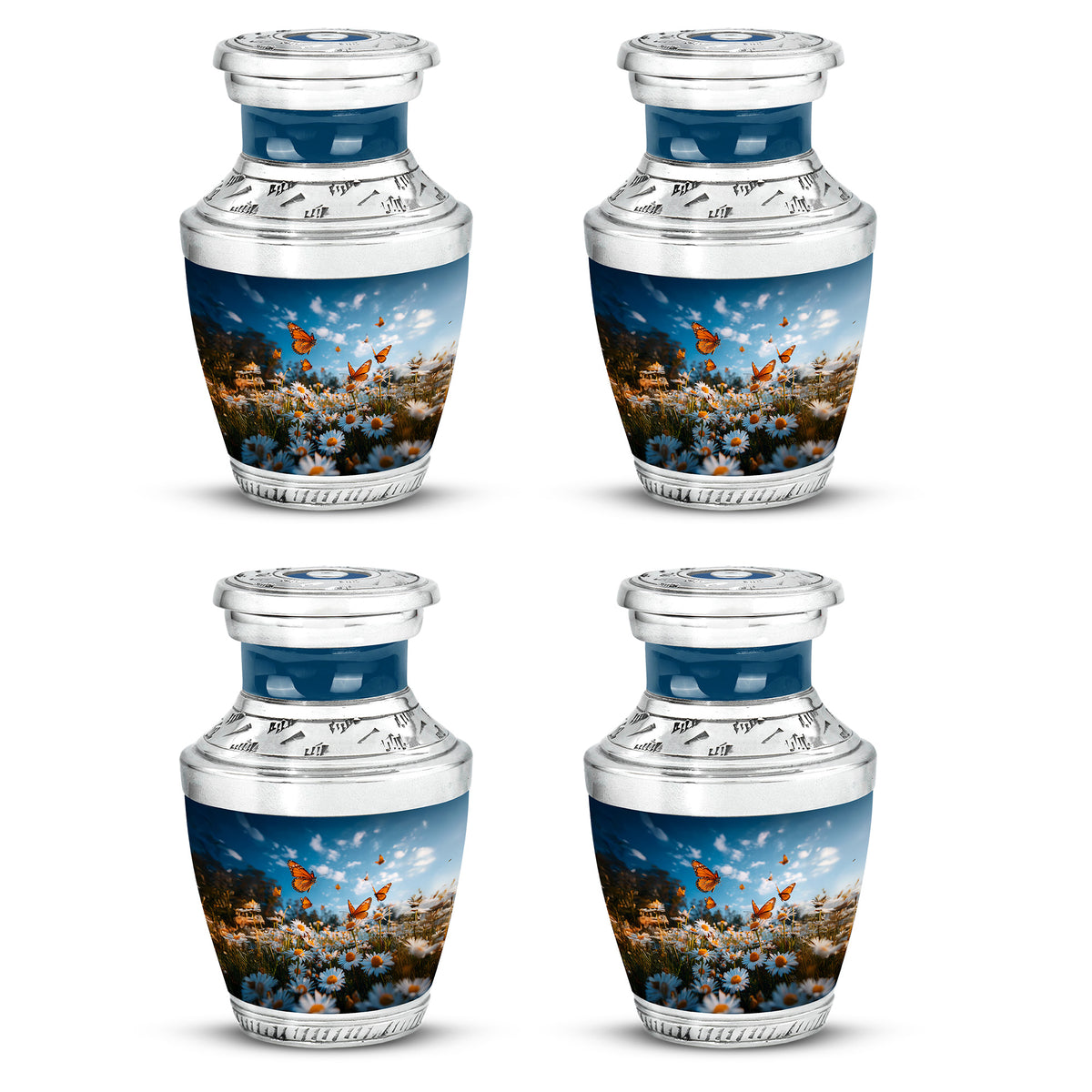 Steel Blue Daisy Cremation Urn back view with polished surface - stylized abstract daisy pattern with bold lines - 10 inch aluminum urn for cremated remains