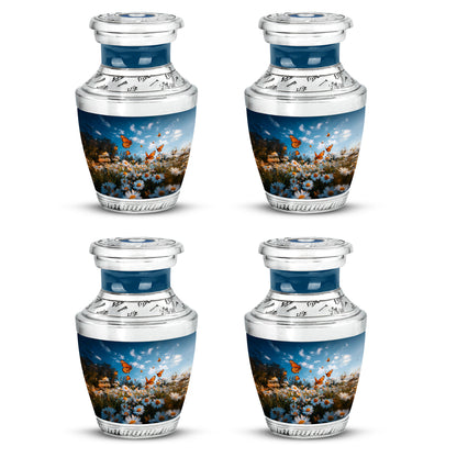 Steel Blue Daisy Cremation Urn back view with polished surface - stylized abstract daisy pattern with bold lines - 10 inch aluminum urn for cremated remains