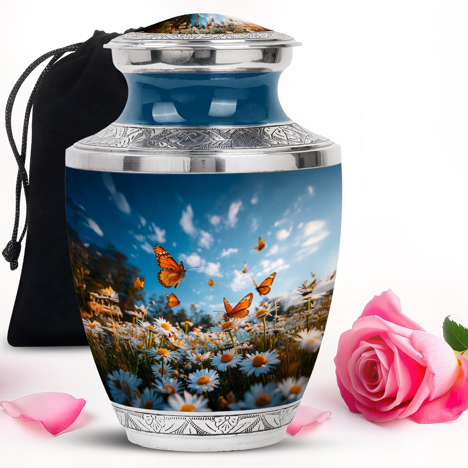 Cornflower Blue Daisy Cremation Urn side profile showing urn shape - stylized abstract daisy pattern with bold lines - full-size 10 inch 200 cubic inch adult cremation urn
