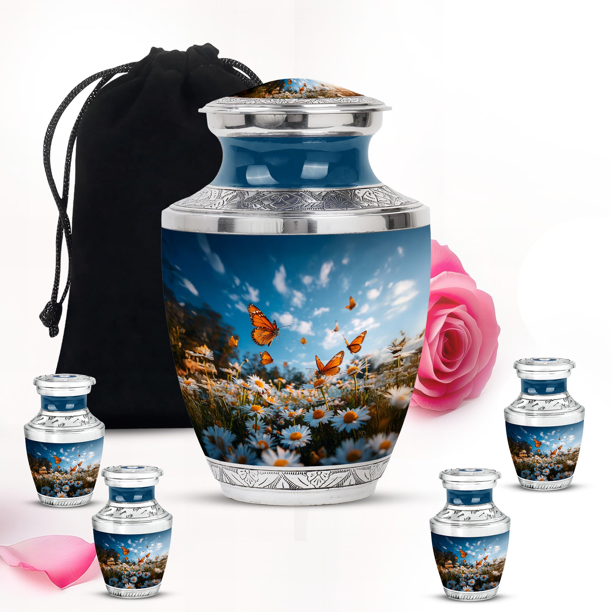 Sapphire Blue Daisy Cremation Urn lifestyle display on memorial shelf - stylized abstract daisy pattern with bold lines - memorial set with one large and four small urns