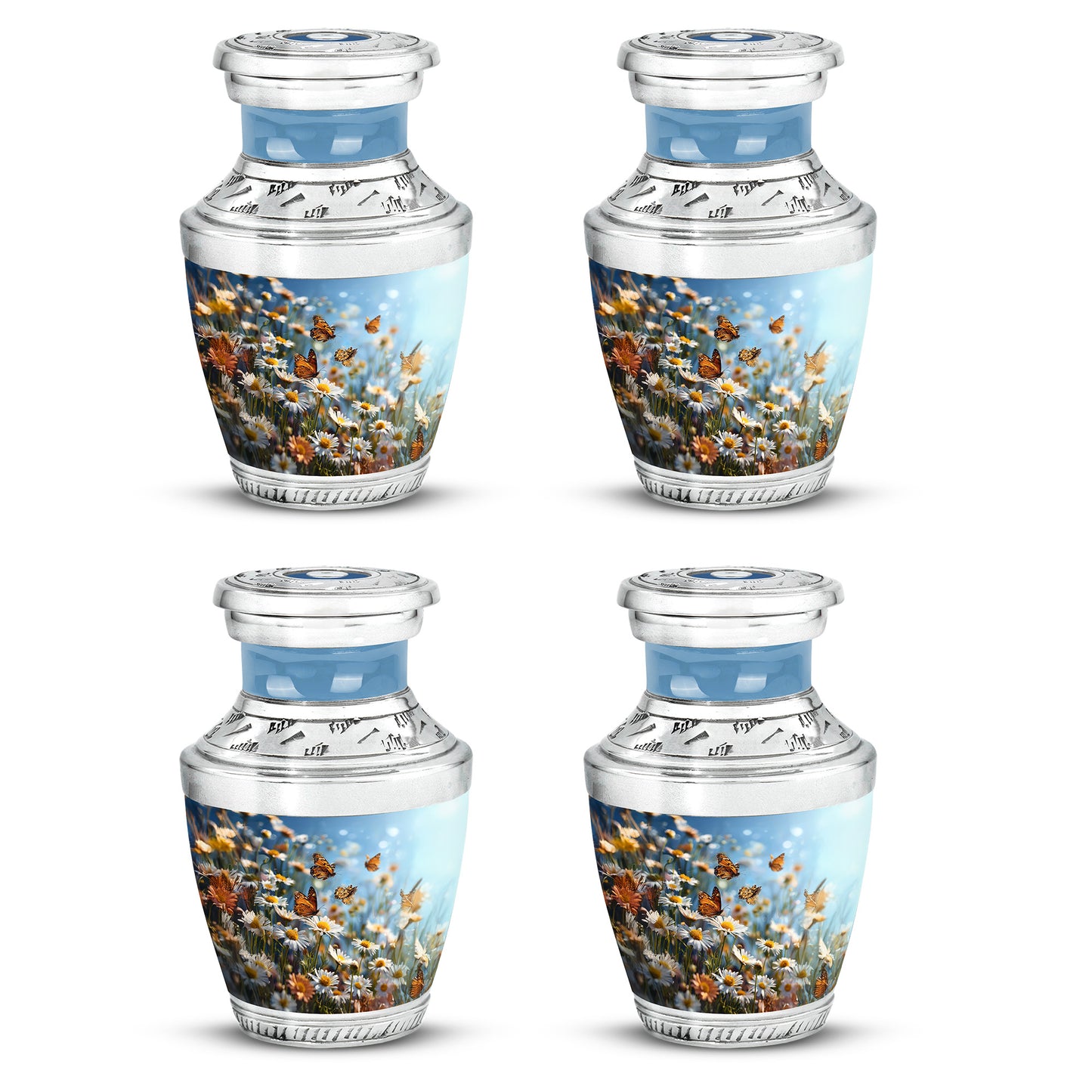 Calming Blue Daisy Cremation Urn back view with polished surface - artistic daisy interpretation with creative detail - 10 inch aluminum urn for cremated remains
