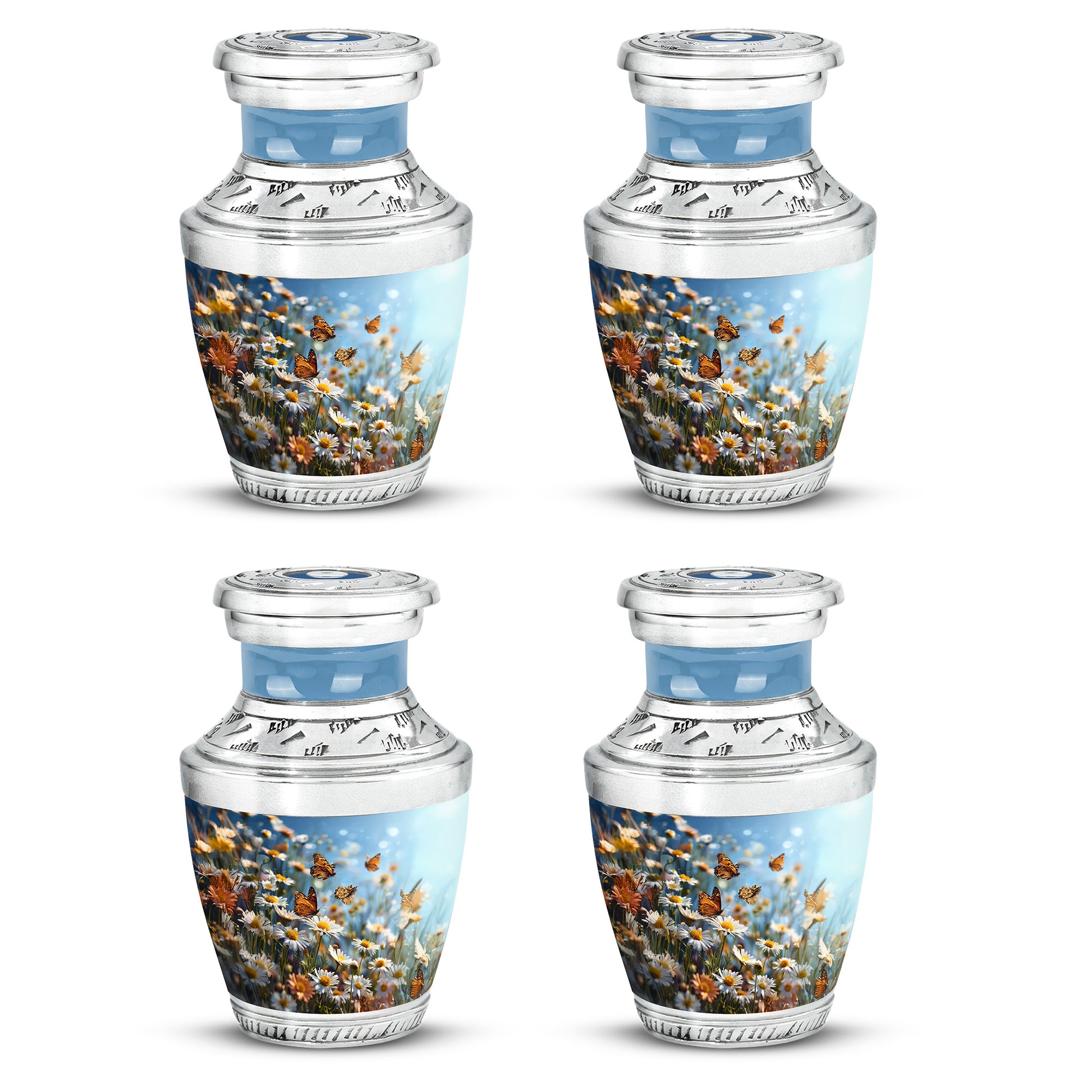 Calming Blue Daisy Cremation Urn back view with polished surface - artistic daisy interpretation with creative detail - 10 inch aluminum urn for cremated remains