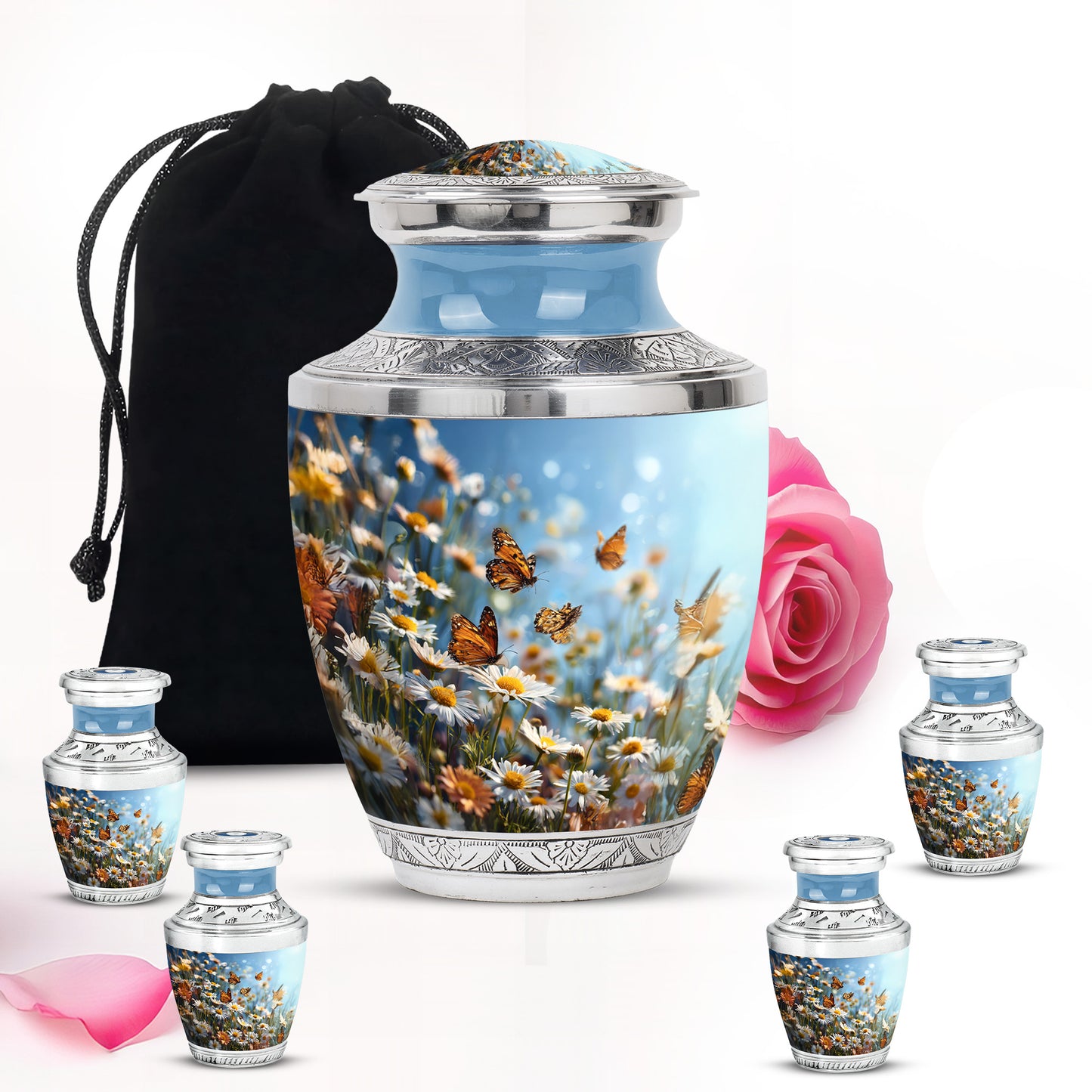 Steel Blue Daisy Cremation Urn lifestyle display on memorial shelf - stylized abstract daisy pattern with bold lines - memorial set with one large and four small urns