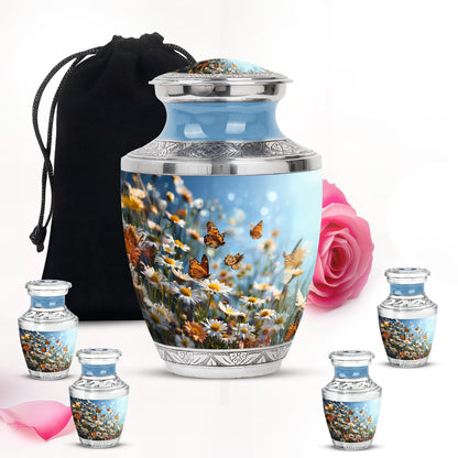 Steel Blue Daisy Cremation Urn lifestyle display on memorial shelf - stylized abstract daisy pattern with bold lines - memorial set with one large and four small urns