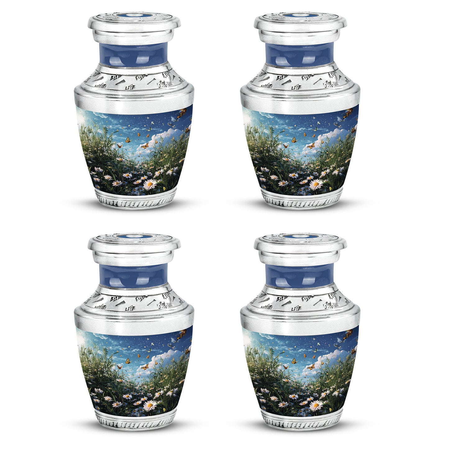 Vivid Blue Daisy Cremation Urn back view with polished surface - artistic daisy interpretation with creative detail - 10 inch aluminum urn for cremated remains