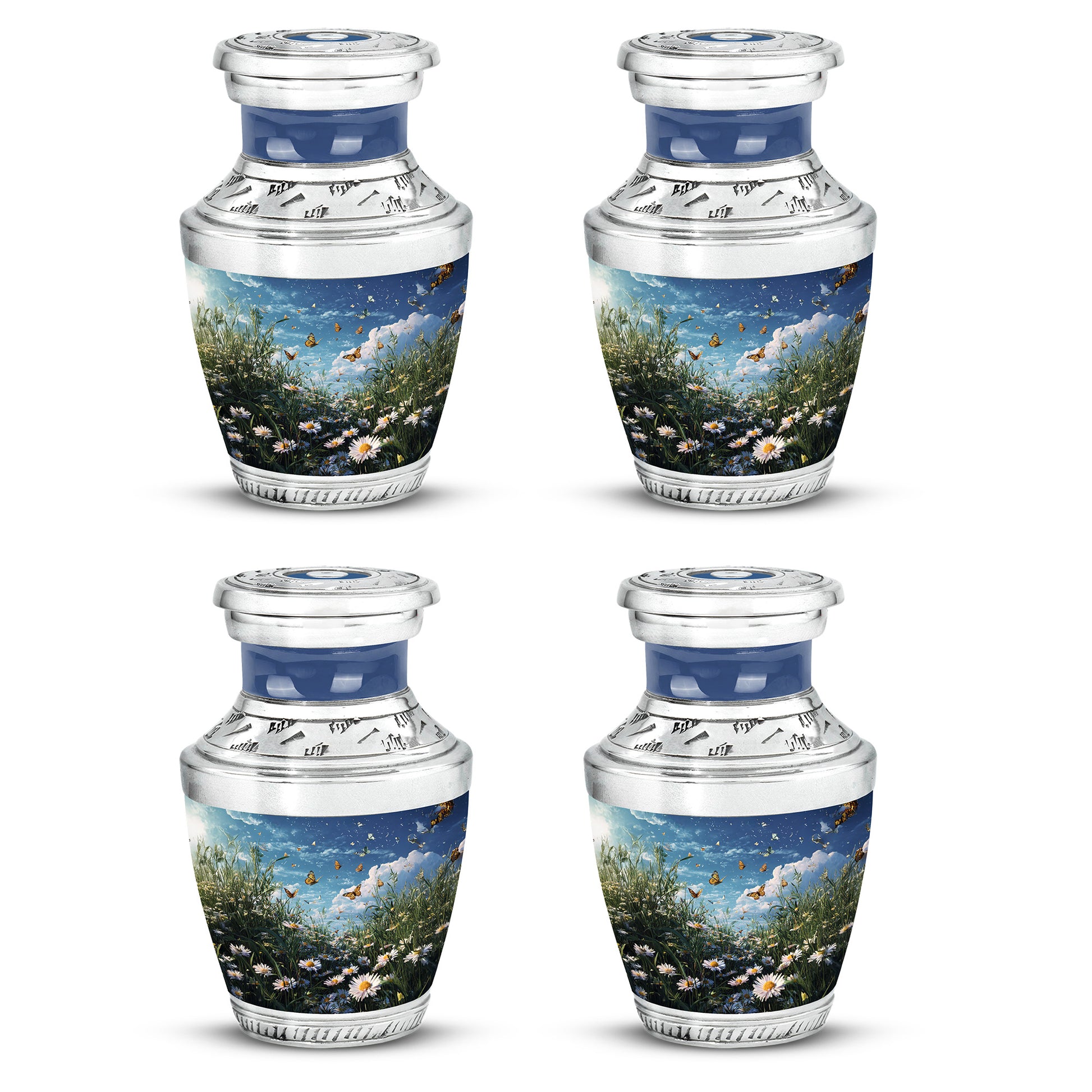 Vivid Blue Daisy Cremation Urn back view with polished surface - artistic daisy interpretation with creative detail - 10 inch aluminum urn for cremated remains