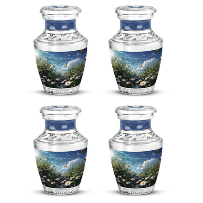 Vivid Blue Daisy Cremation Urn back view with polished surface - artistic daisy interpretation with creative detail - 10 inch aluminum urn for cremated remains