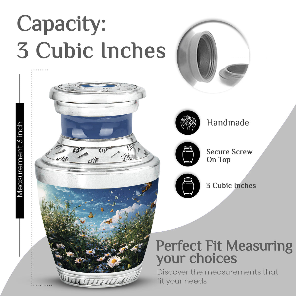 Sky Blue Daisy Cremation Urn top-down view of secure threaded lid - contemporary daisy design with modern artistic flair - mini keepsake memorial for portion of cremation ashes