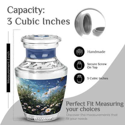 Sky Blue Daisy Cremation Urn top-down view of secure threaded lid - contemporary daisy design with modern artistic flair - mini keepsake memorial for portion of cremation ashes