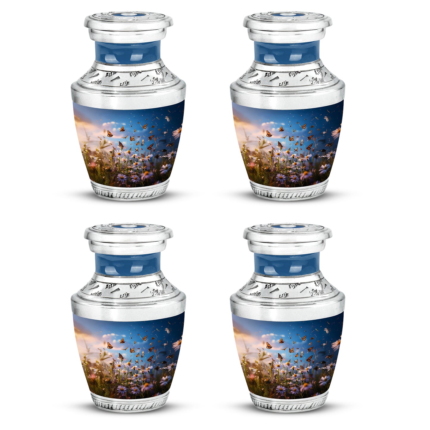 Pastel Blue Daisy Cremation Urn back view with polished surface - contemporary daisy design with modern artistic flair - 10 inch aluminum urn for cremated remains