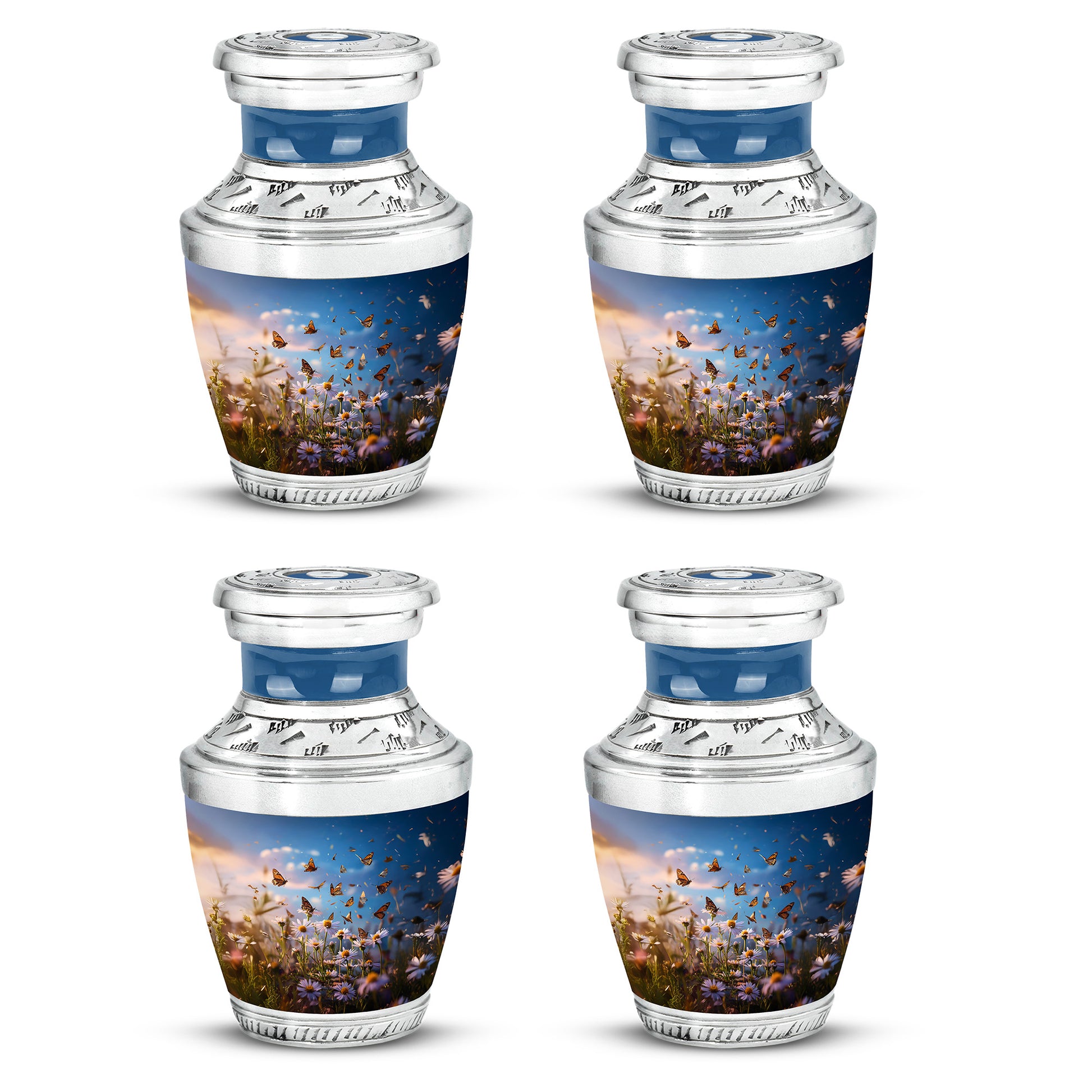 Pastel Blue Daisy Cremation Urn back view with polished surface - contemporary daisy design with modern artistic flair - 10 inch aluminum urn for cremated remains