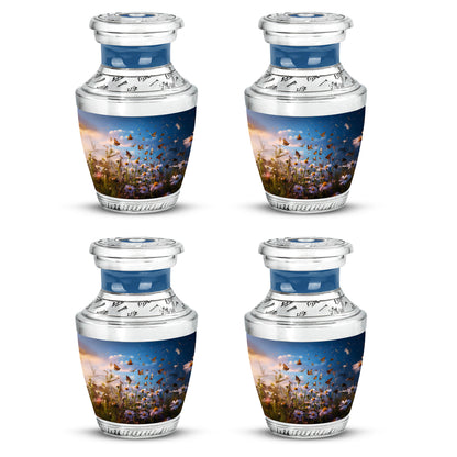 Pastel Blue Daisy Cremation Urn back view with polished surface - contemporary daisy design with modern artistic flair - 10 inch aluminum urn for cremated remains