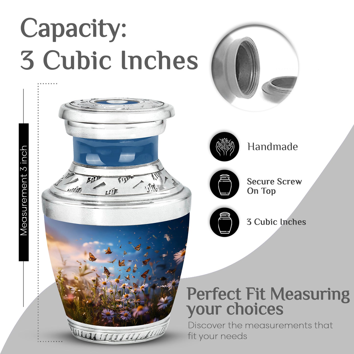 Powder Blue Daisy Cremation Urn top-down view of secure threaded lid - contemporary daisy design with modern artistic flair - mini keepsake memorial for portion of cremation ashes