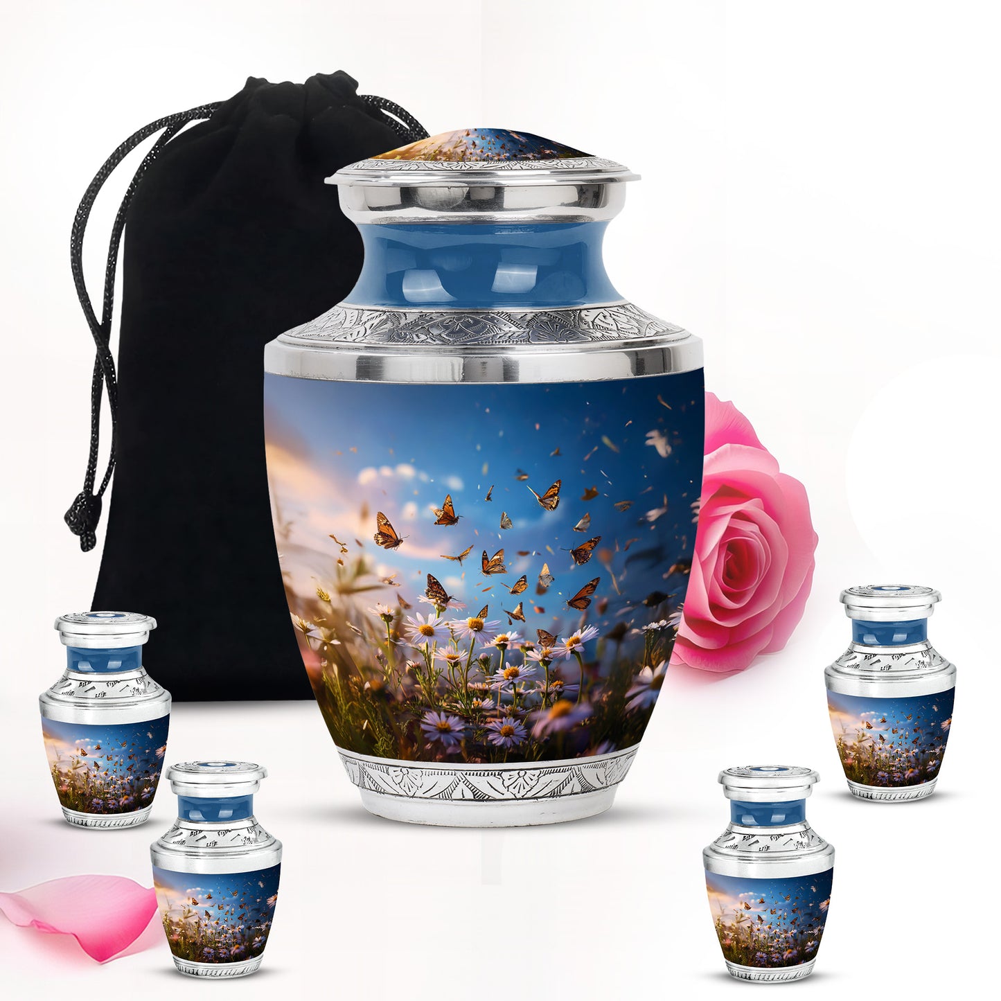 Sapphire Blue Daisy Cremation Urn lifestyle display on memorial shelf - artistic daisy interpretation with creative detail - memorial set with one large and four small urns