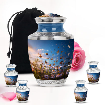 Sapphire Blue Daisy Cremation Urn lifestyle display on memorial shelf - artistic daisy interpretation with creative detail - memorial set with one large and four small urns