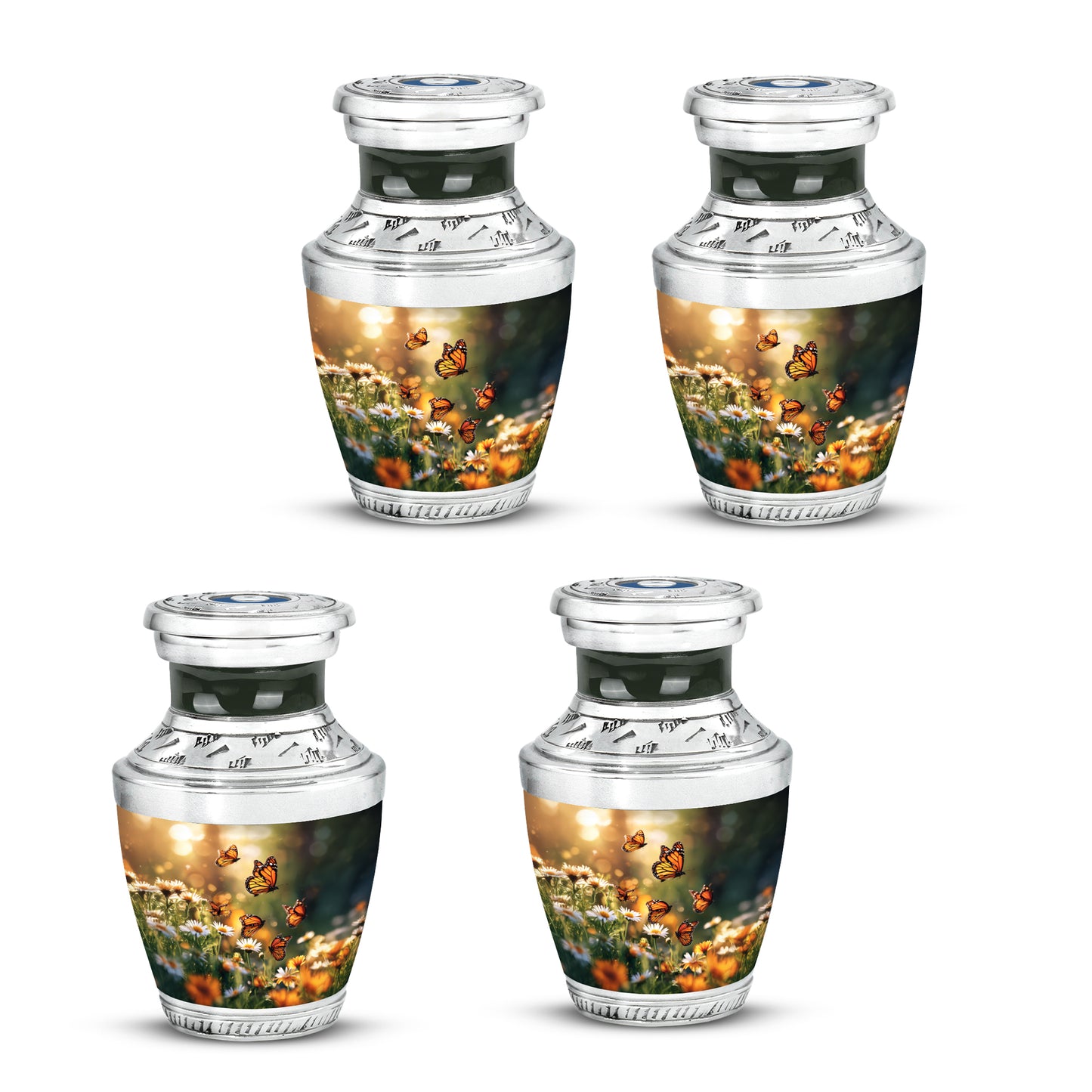 Royal Gold Daisy Cremation Urn back view with polished surface - stylized abstract daisy pattern with bold lines - 10 inch aluminum urn for cremated remains